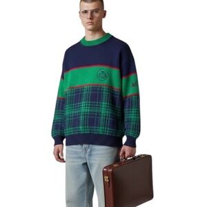 Vintage ACE Classics Chunky Knit Sweater Navy Green Plaid Colorblock Academia M